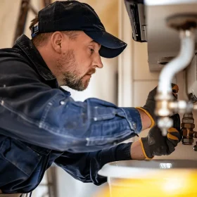 A focused plumber in a cap and gloves works under a sink, fixing pipes. He wears a blue uniform, exuding concentration and diligence in a warm-lit kitchen.