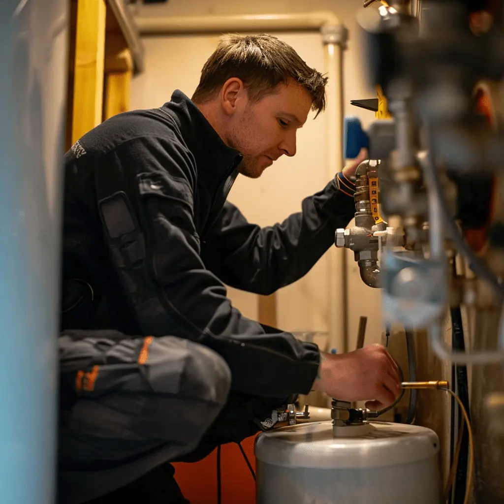 A focused technician in a dark uniform works on a plumbing system, adjusting valves and pipes. The setting is an indoor utility room, evoking concentration.